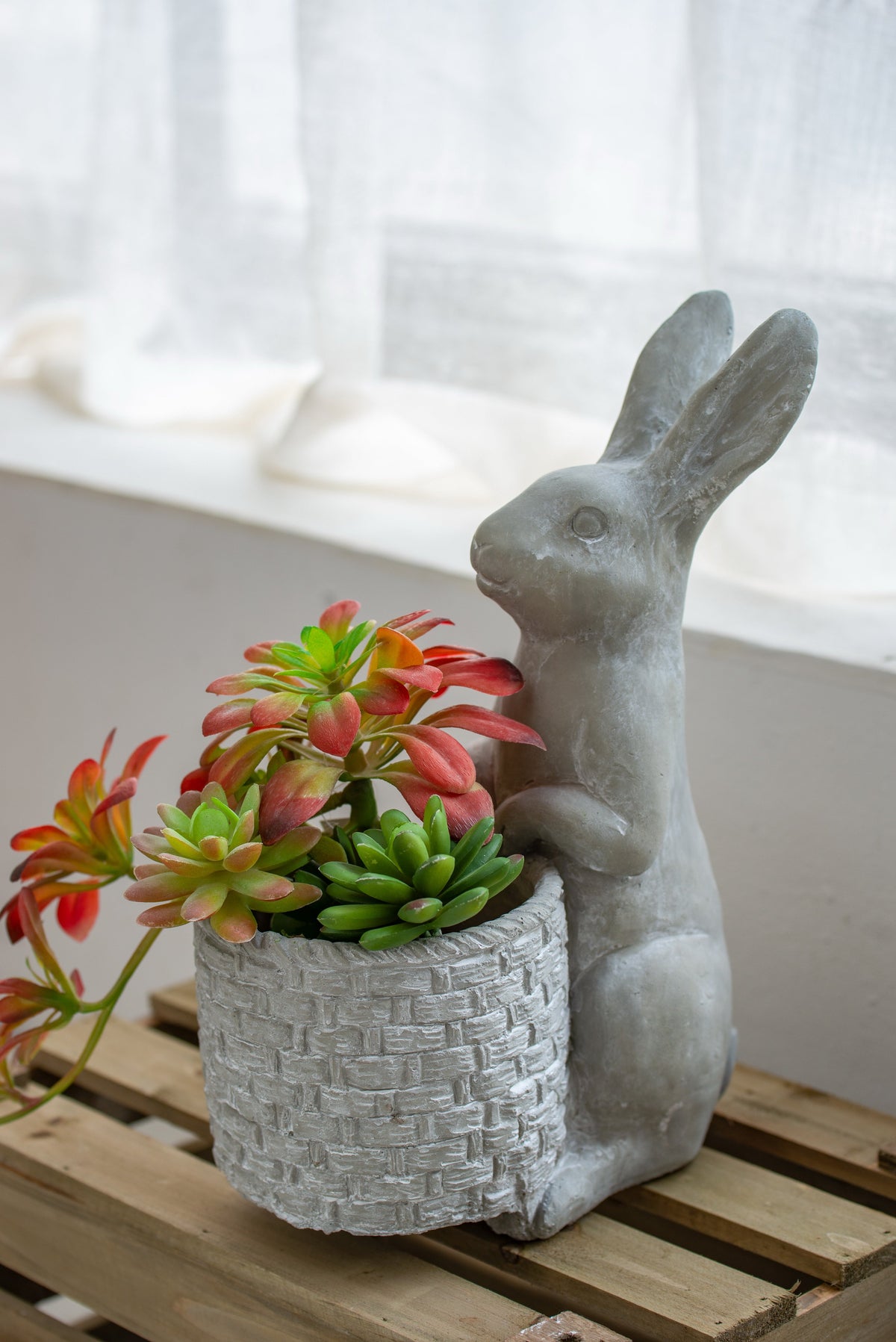 Decorative Cement Rabbit Planter with Basket Detail - Gray