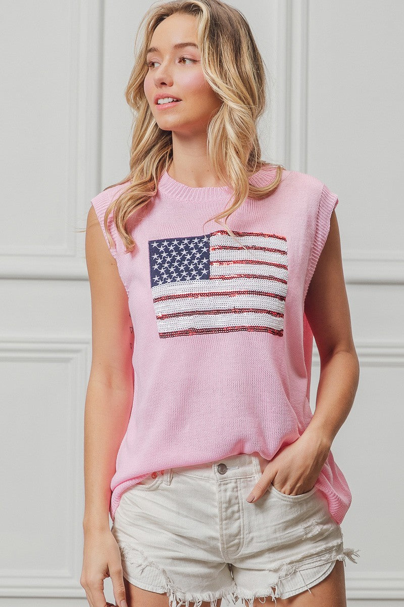 BiBi American Flag Sequins Patch Knit Top