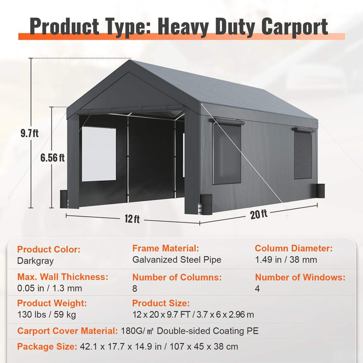 [12X20FT] Heavy-Duty Outdoor Premium Garage Tarp Canopy Shelter W/ Removable Sidewalls (SAK94615)