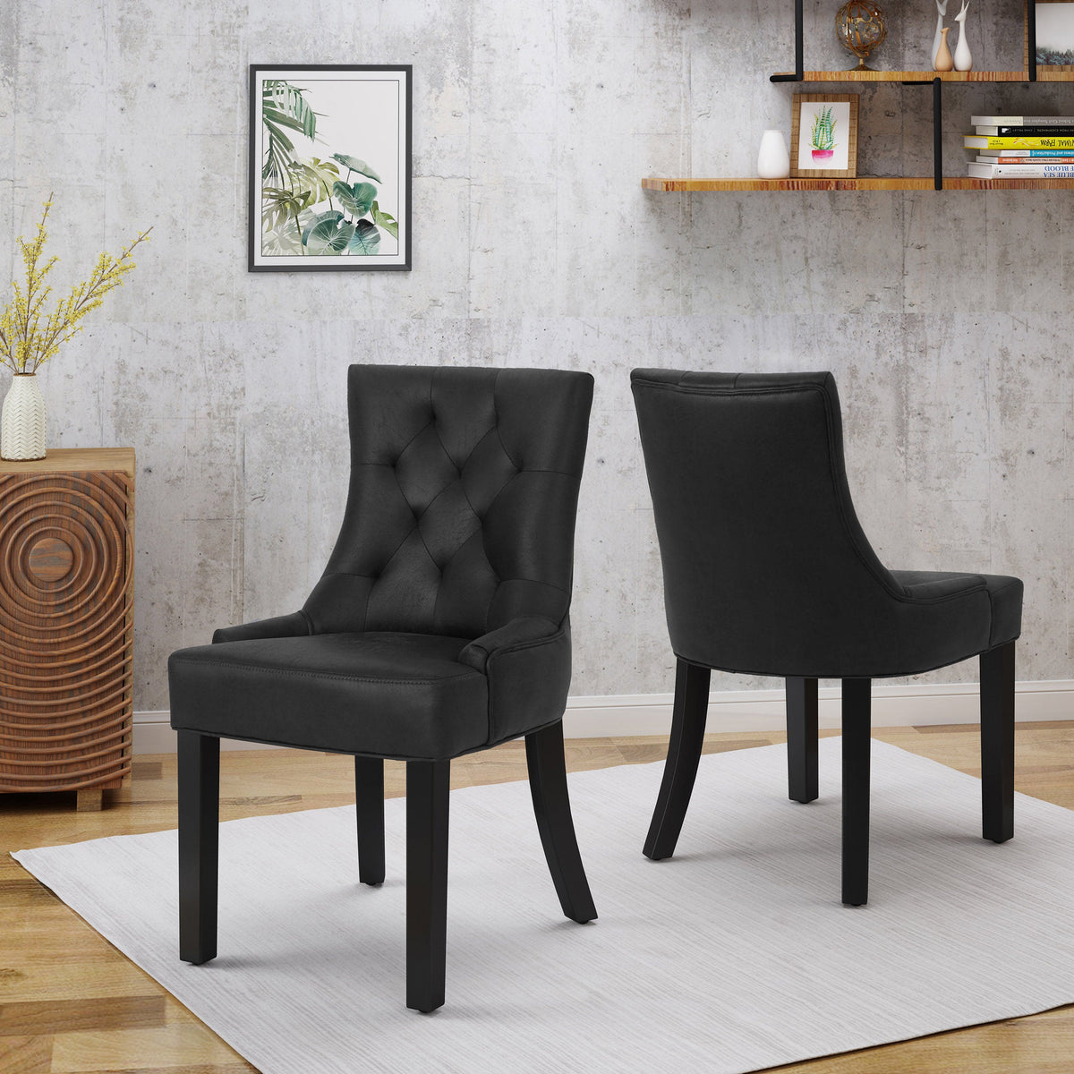 Black Microfiber Dining Chair Set of 2 with Tufted Backrest - Cheney