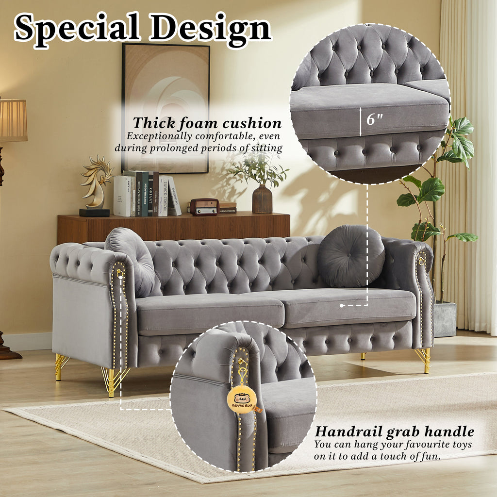 82-Inch Velvet Chesterfield Sofa with Gold Accents - Velvet