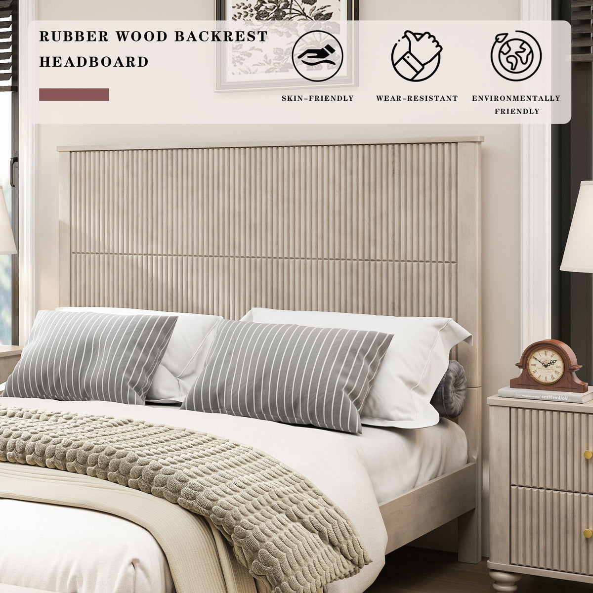 Platform Bed Frame with Tall Headboard - Solid Wood, Queen & King Sizes