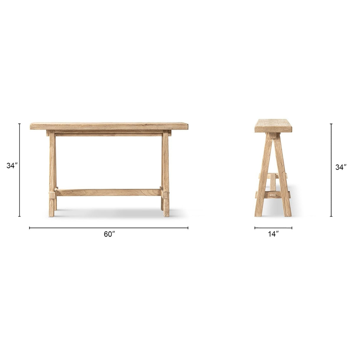 Trestle Coffee Table with Solid Reclaimed Elm Construction - Dark or Light Brown