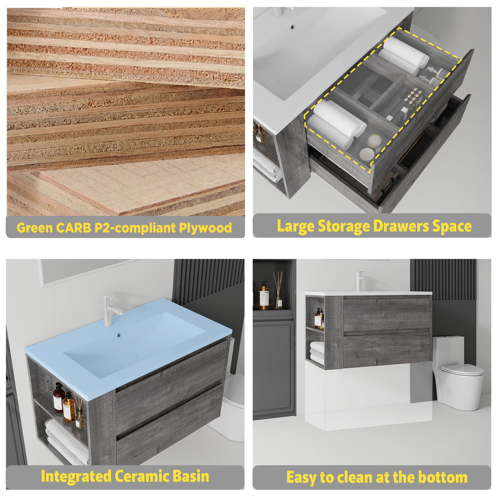 36 Inch Floating Bathroom Vanity with Ceramic Sink and Soft-Close Doors - Multiple Colors