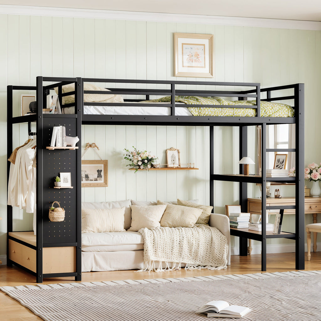 Twin XL Loft Bed Frame with Wardrobe and Shelves - Black