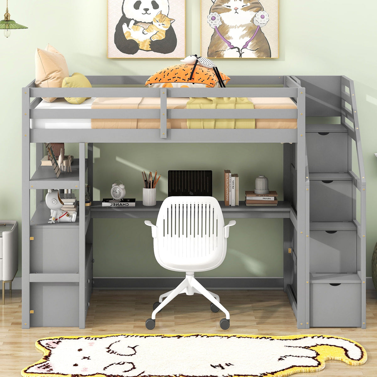 Loft Bed with Desk and Storage Staircase - Full or Twin, White or Gray