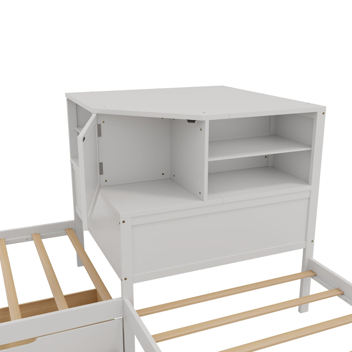 L-Shaped Bed Frame with Trundle, Desk & LED Lighting - Twin