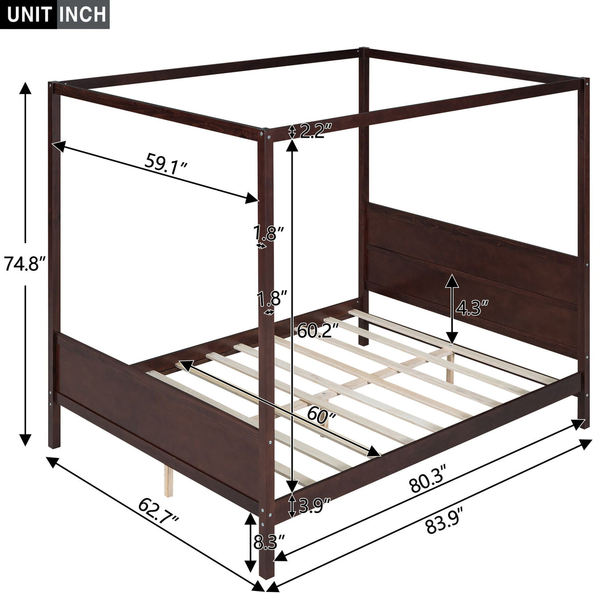 Canopy Platform Bed With Headboard And Footboard, Slat Support Leg