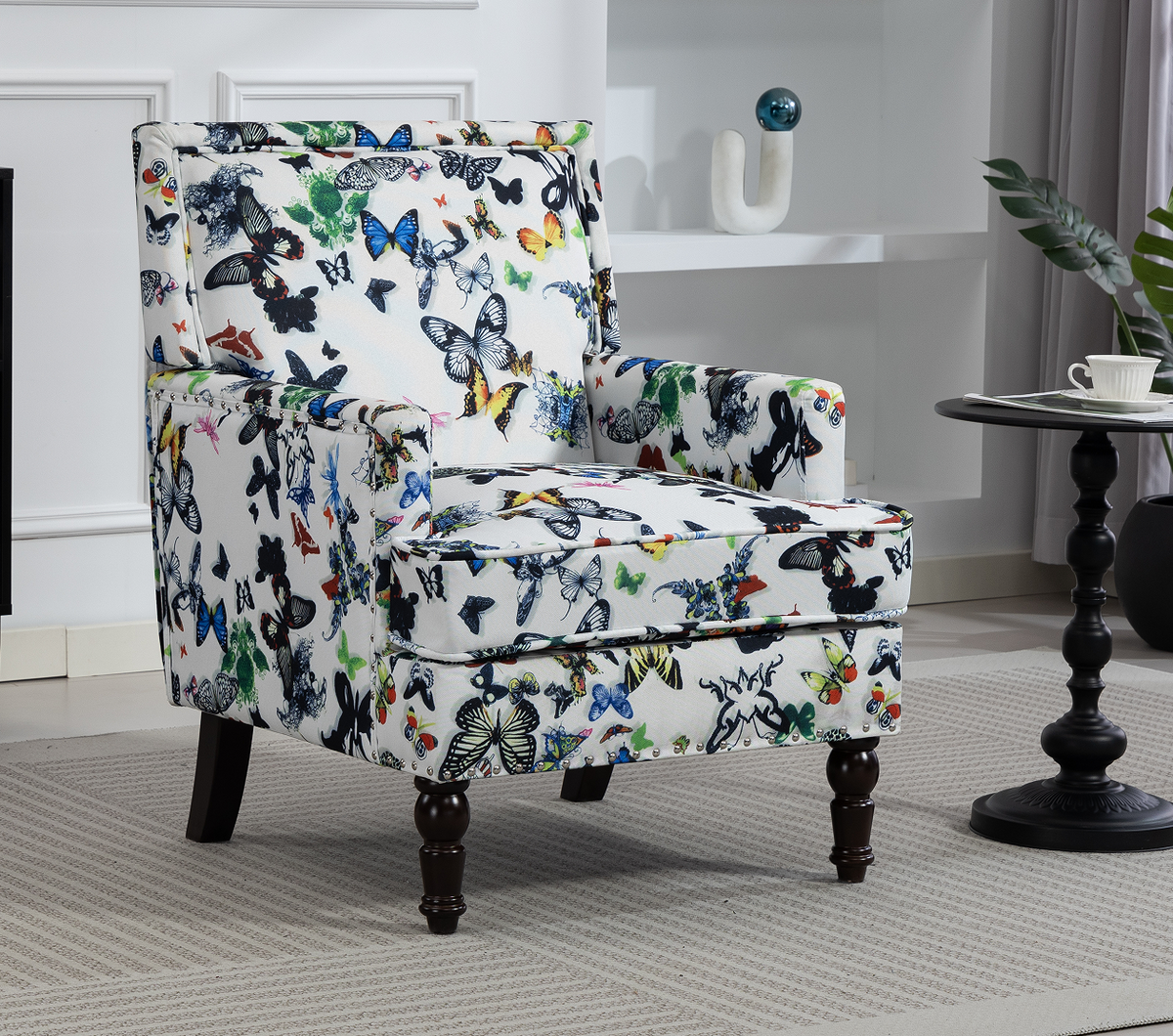 Upholstered Accent Chair with Solid Wood Legs - Vintage Armchair - Blue and White