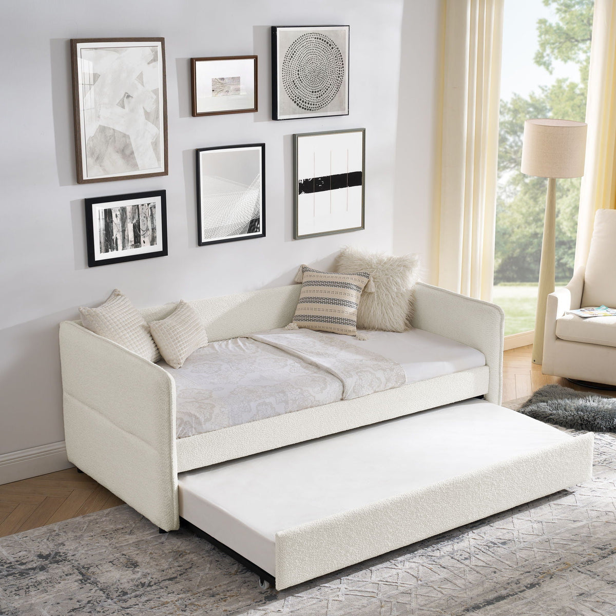 Upholstered Daybed With Pop Up Trundle - Fabric Trundle Bed in Multiple Colors