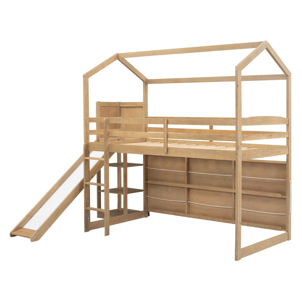 House Loft Bed with Slide and Storage Shelves - Twin with Light