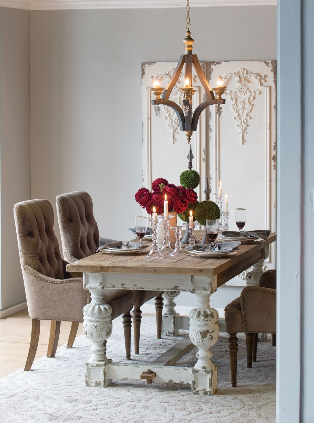 Brown and Antique White Dining Table with Double Pedestal - 78.7" Wood Top