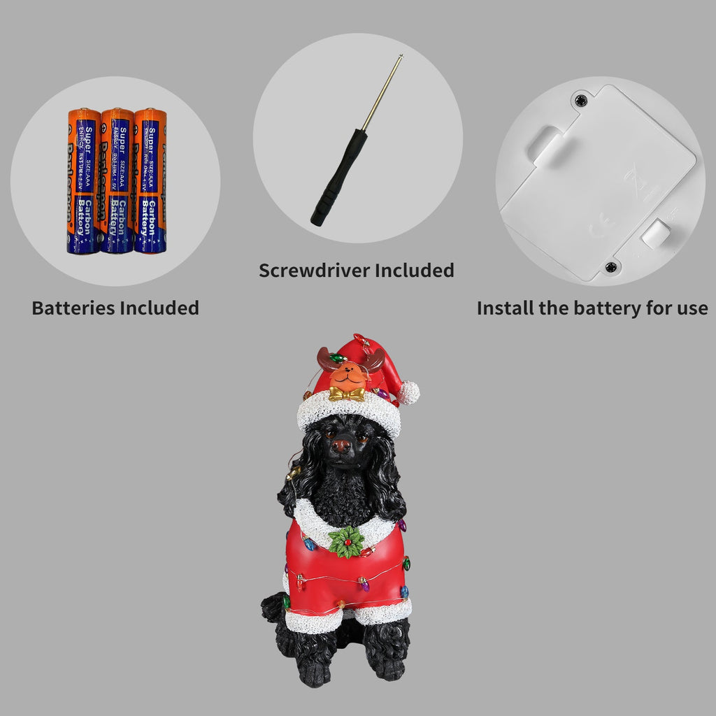 Festive Black Poodle Christmas Statue with Santa Outfit - Black+Red