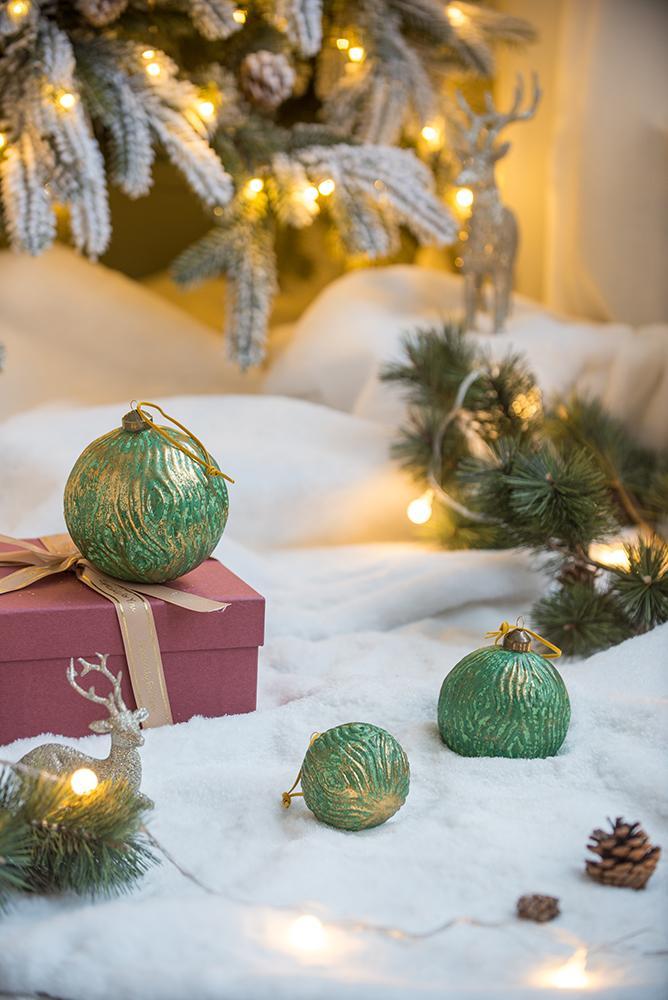 Glass Christmas Ball Ornaments with Decorative Finish - Green, Gold, Red