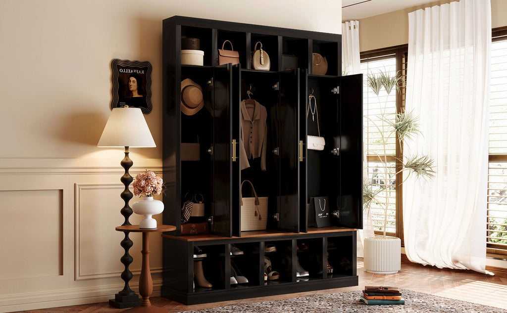 Farmhouse Entryway Storage Cabinet with Coat Closet - Black