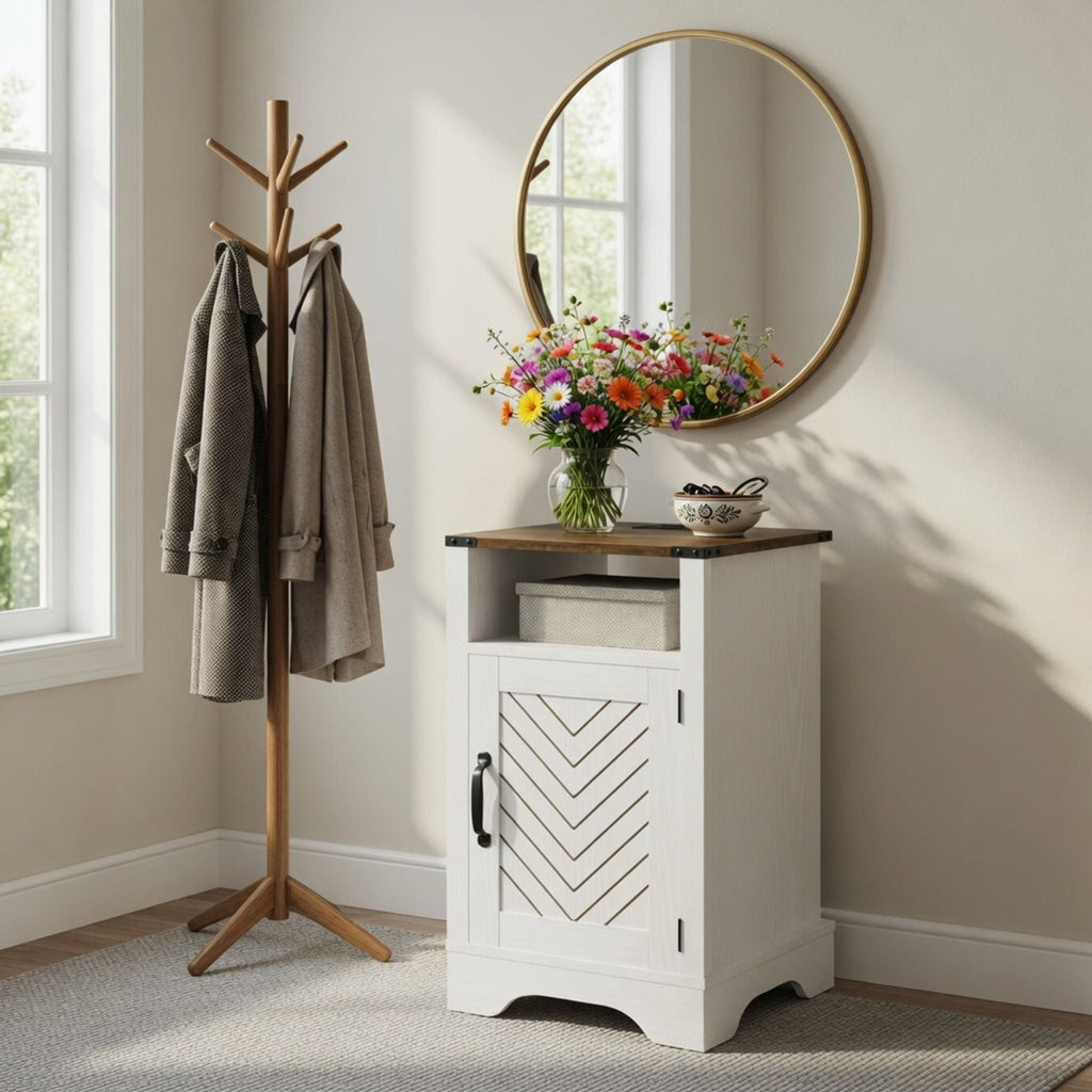Farmhouse Nightstand with Charging Station & Storage - White