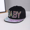 Men's And Women's Identical Colorful Diamond BABY Letter Hot Stamping Diamond Brim Hat. This Stylish Hip-hop Style Flat Brim Hat Is Suitable For Personalized Streetwear Outfits.