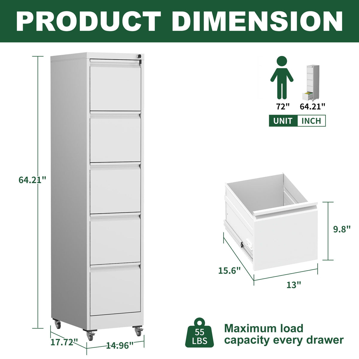 Metal Vertical File Cabinet with Locking Drawers and Wheels - Black or White