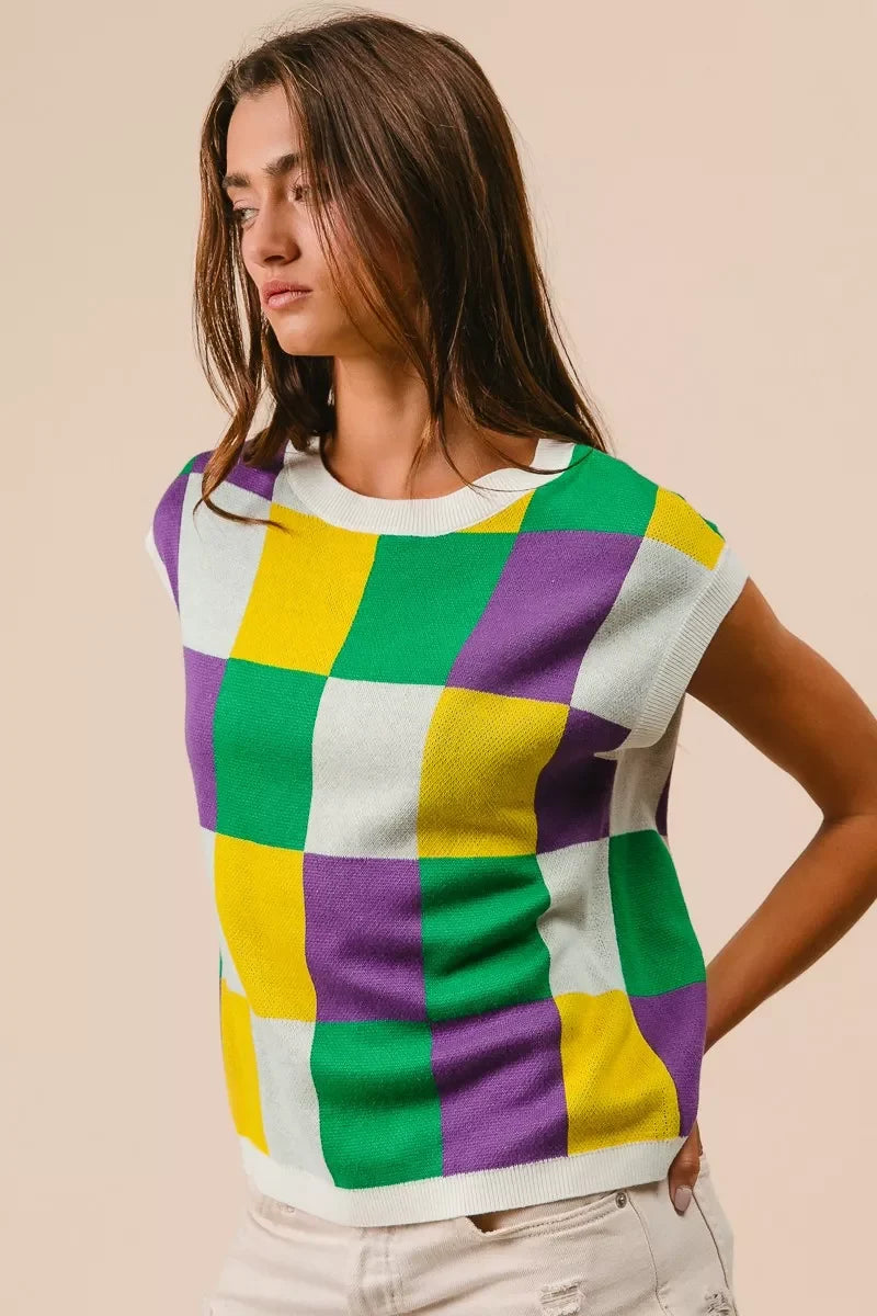 BiBi Mardi Gras Checker Pattern Sleeveless Sweater Top