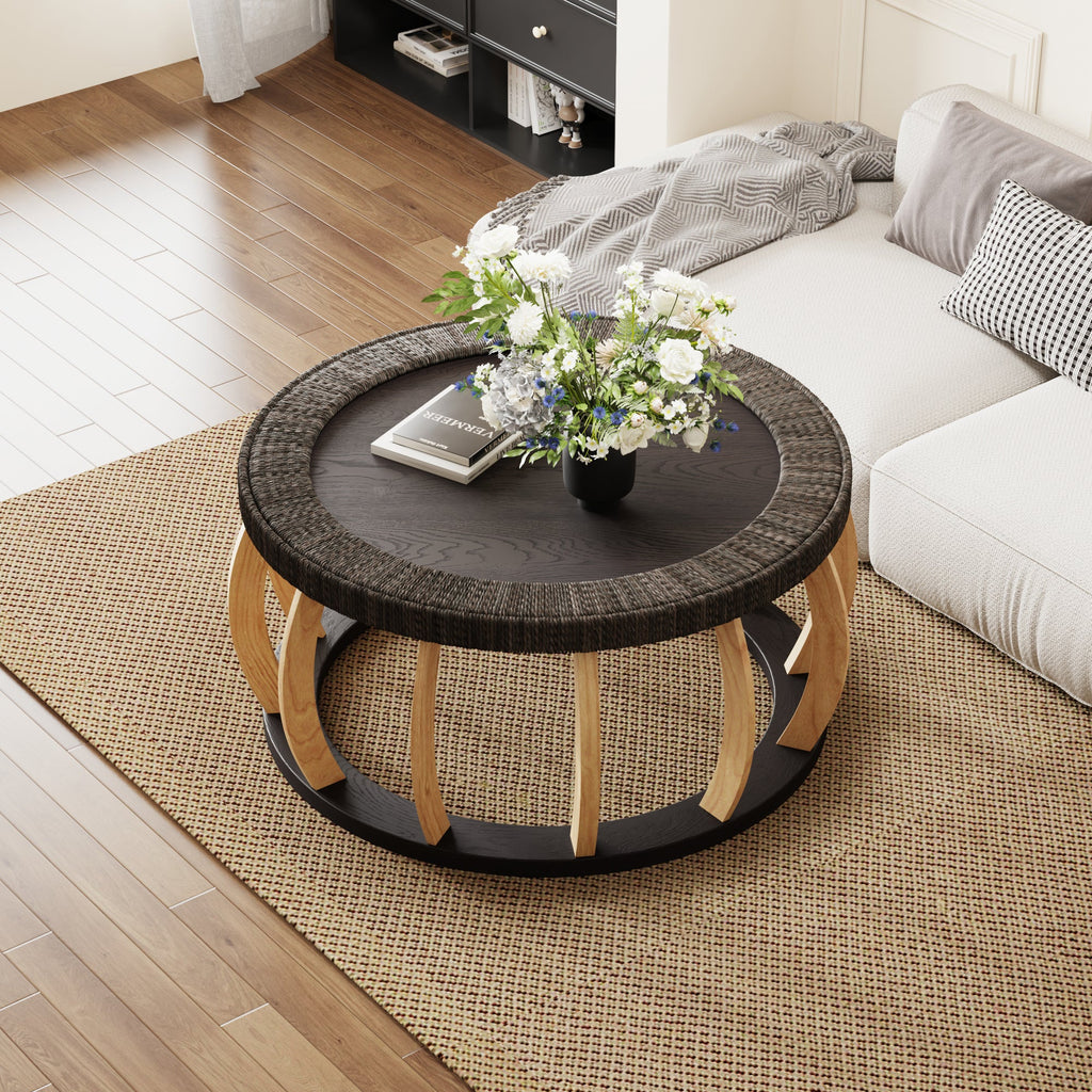 Vintage Rattan Solid Wood Round Coffee Table with Curved Legs - Natural