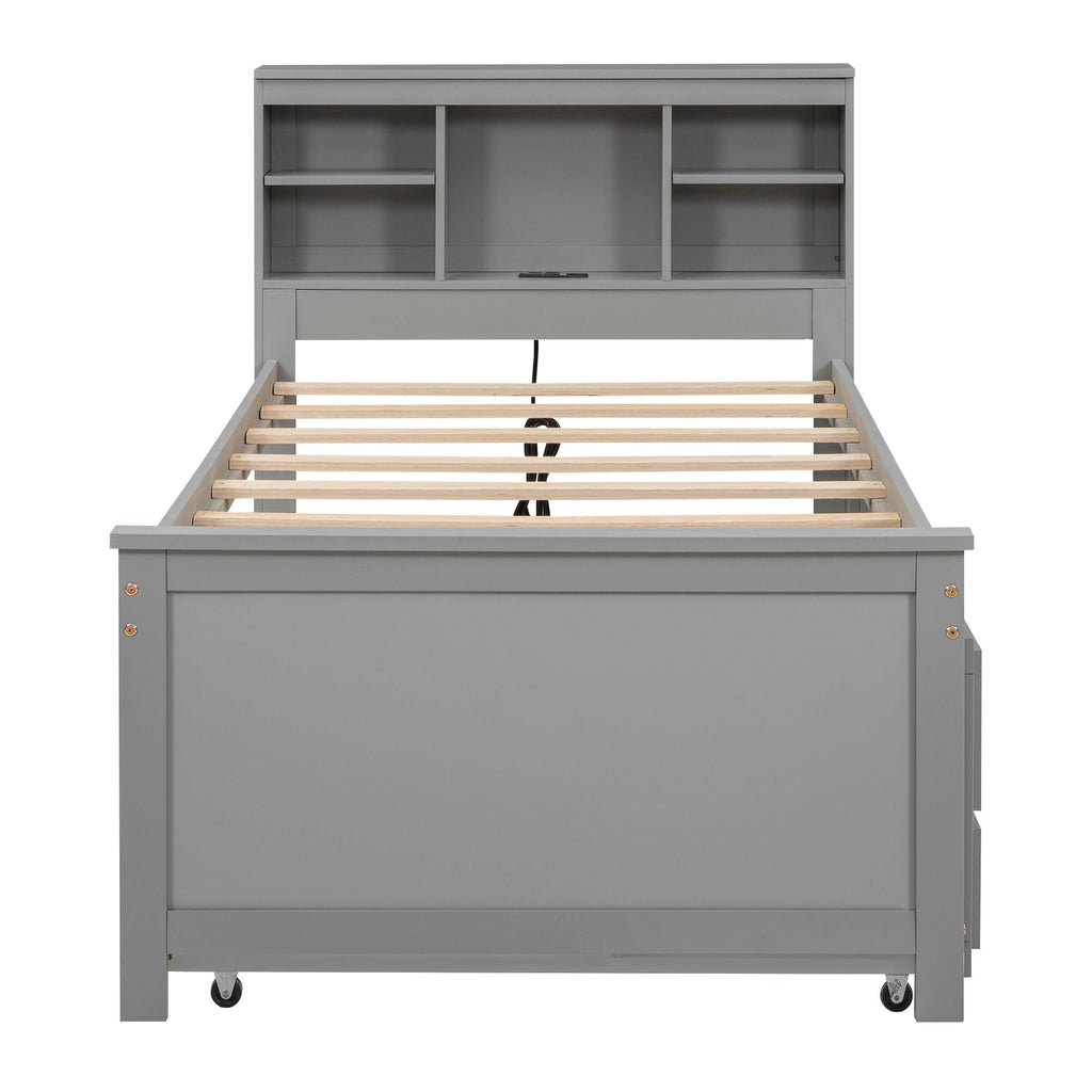 Platform Bed with Storage Headboard, USB, Trundle & 3 Drawers - Twin or Full