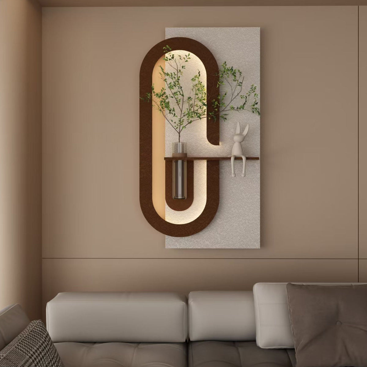Adjustable LED Sandstone Wall Decor with 3D Art, Glass Vase & Rabbit Statue - Light Coffee