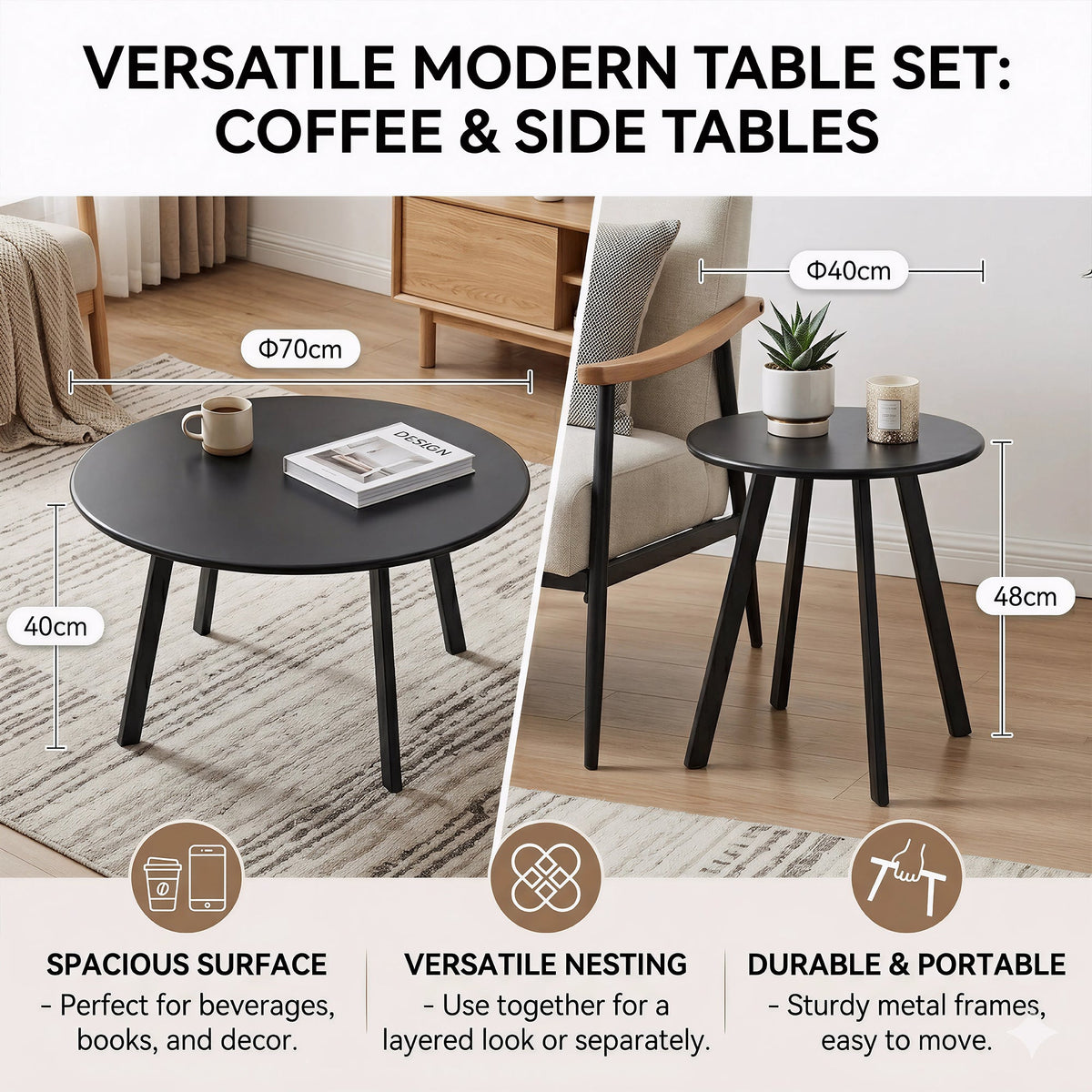Modern 2-Piece Round Nesting Coffee Table Set with Weather-Resistant Iron - Black