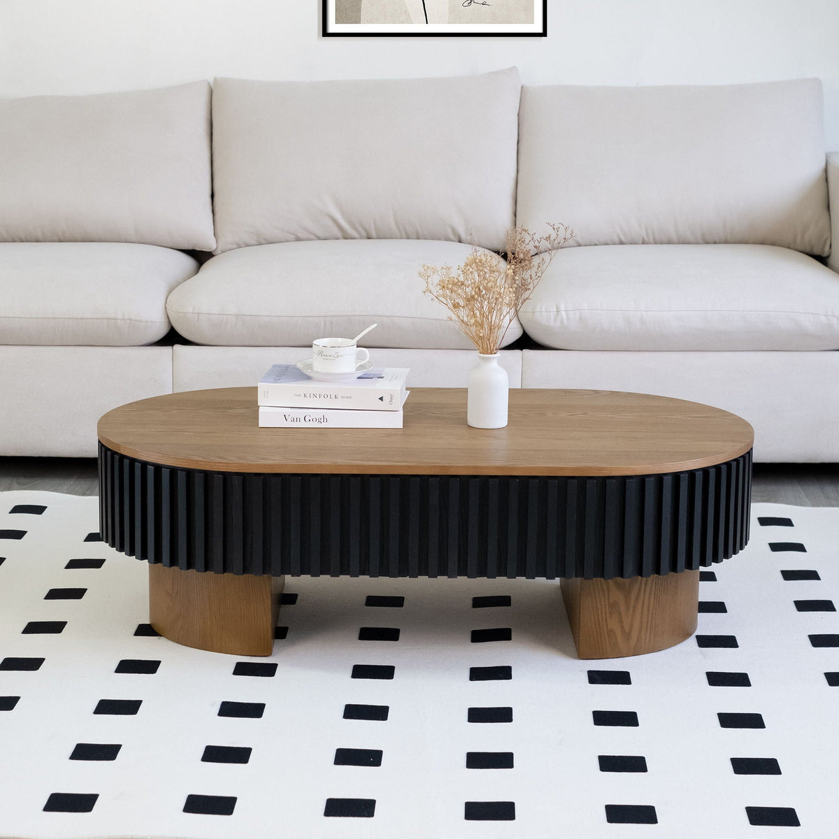 Elliptical Living Room Coffee Table with Hidden Storage and Removable Tabletop - Black or Light Brown