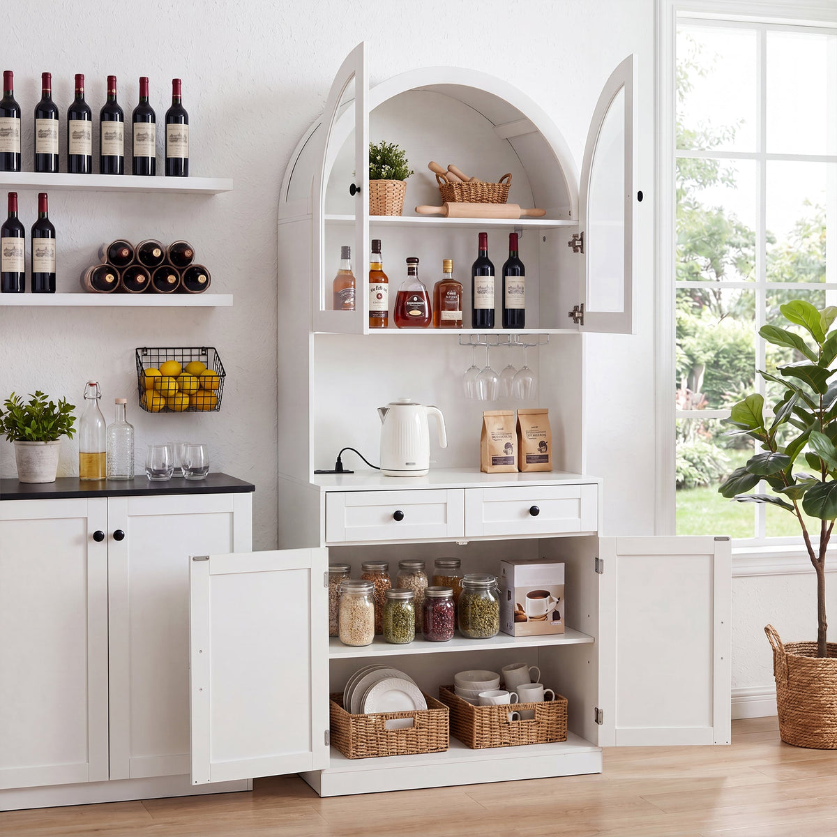 75" Farmhouse Tall Arched Pantry Cabinet with Charging Station - Oak or White