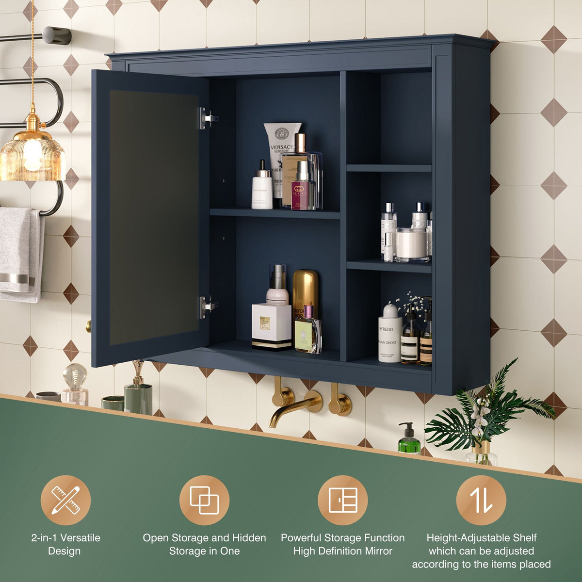 Wall Mounted Medicine Cabinet With Mirror, Storage Cabinet Featuring 6 Open Shelves And Adjustable Interior