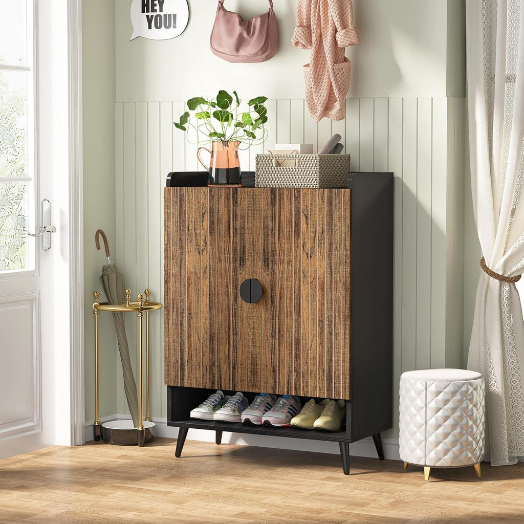 Shoe Cabinet With Doors, 7 Tier Storage Organizer with Adjustable Shelves - Dark Brown, Light Brown, or White