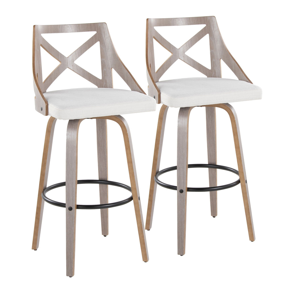 Farmhouse Fixed Height Barstool Set with Swivel & Footrest - Light Gray / Cream