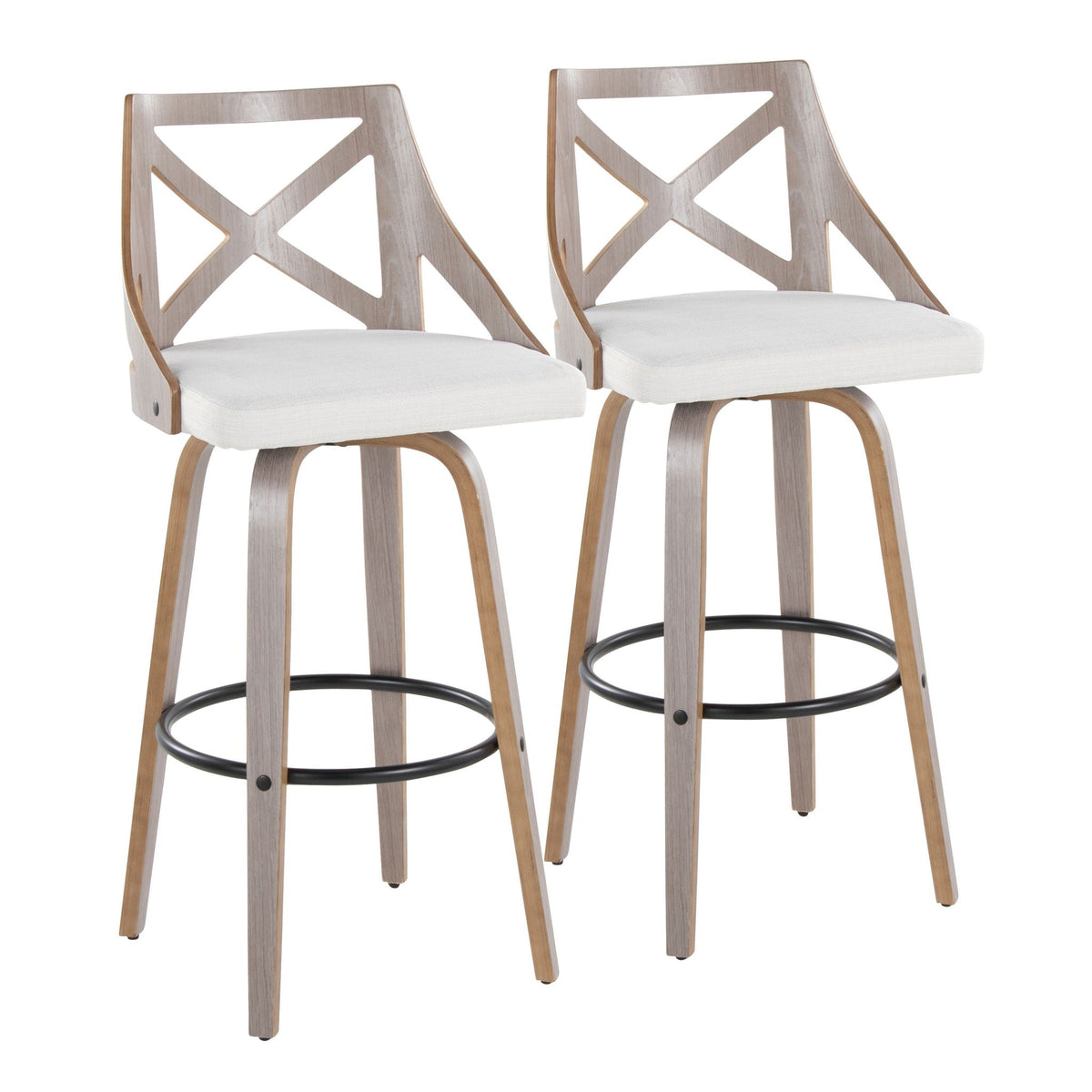 Farmhouse Fixed Height Barstool Set with Swivel & Footrest - Light Gray / Cream