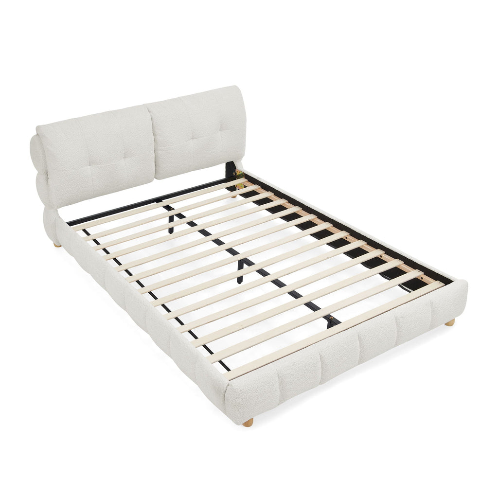 Platform Bed with Tufted Cloud Headboard and Solid Wood Legs - Beige