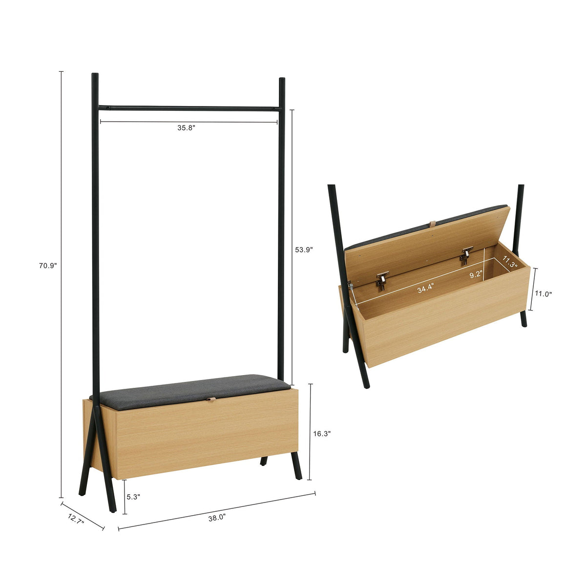 Open Hanging Closet with Upholstered Bench Storage - Light Oak