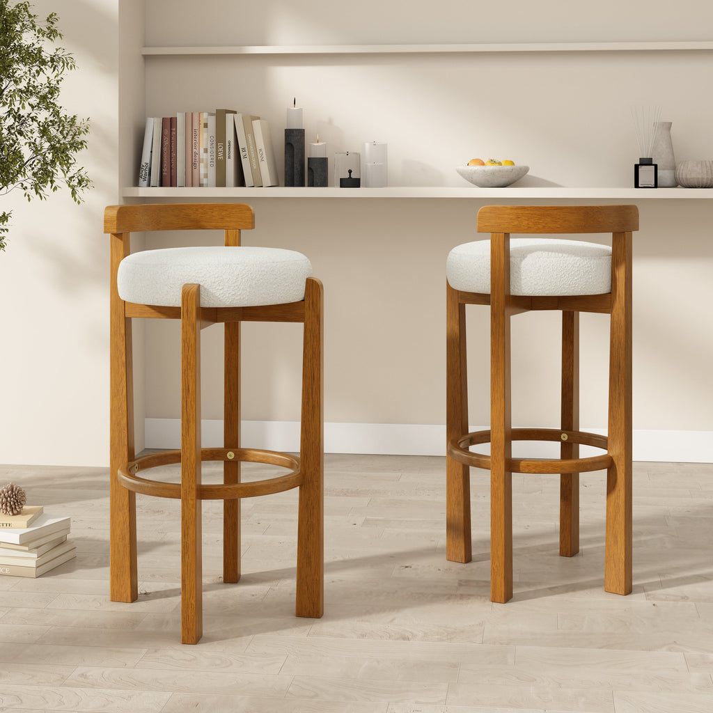 Walnut Wooden Low Back Barstool with Padded White Seat - Walnut