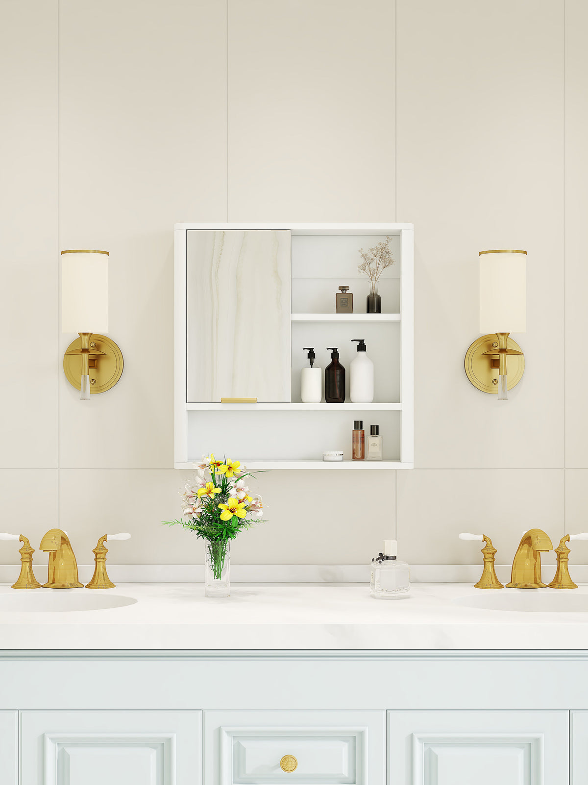 Modern Bathroom Mirror Cabinet with Open Shelves - Bathroom Storage, MDF