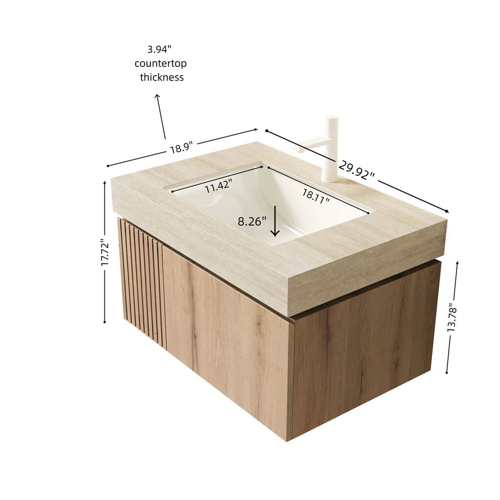 MURI 30" Bathroom Vanity with Sintered Stone Top & Ceramic Basin - Beige, White Oak or Brown Oak