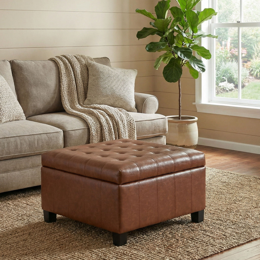 Square Tufted Storage Ottoman with Lift-Top - Dark Brown or Black