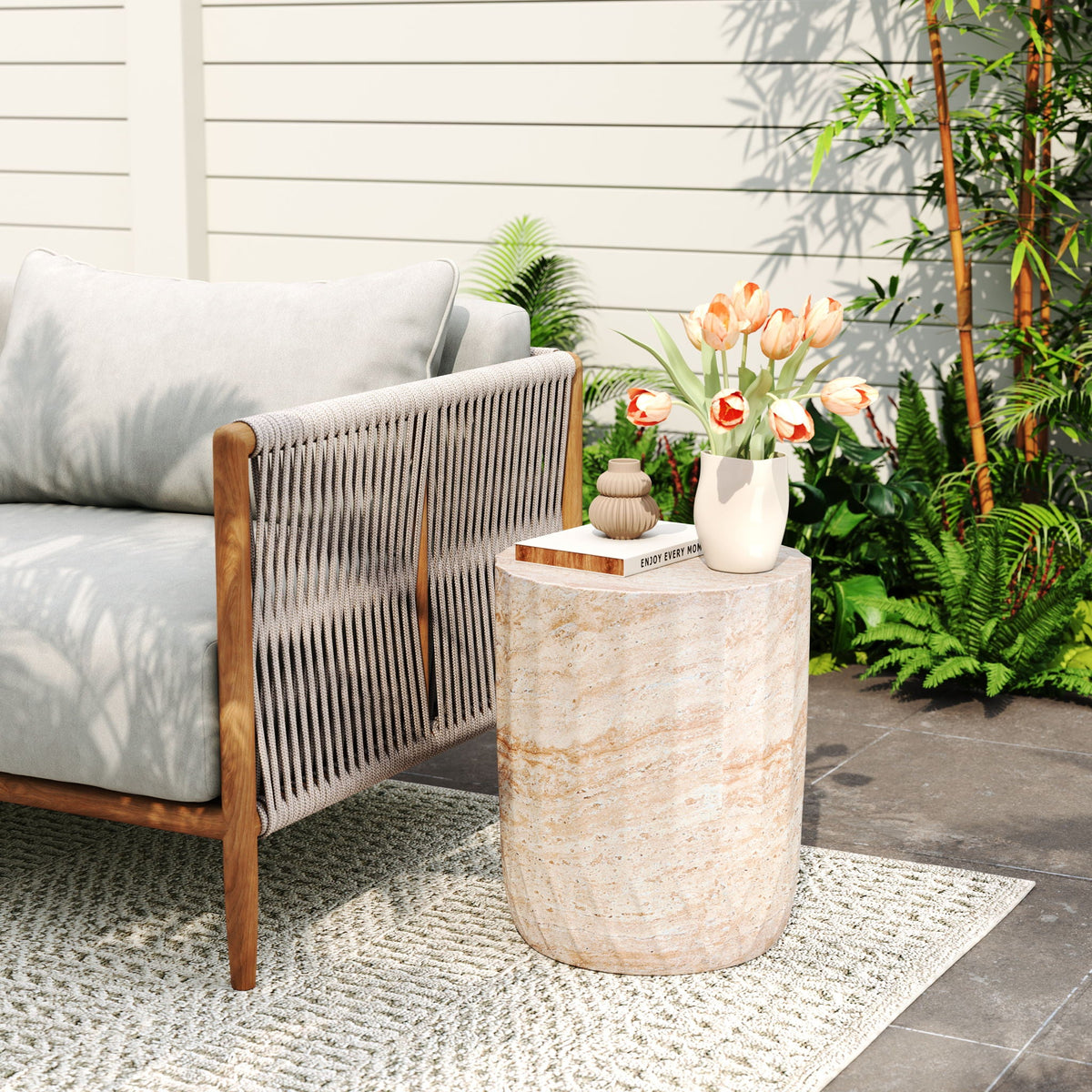 Lightweight Concrete Side Table with Cylinder Design - Beige
