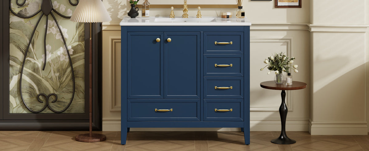 36" Bathroom Vanity with Ceramic Sink and Multi-Tier Storage - Blue, Black, or Grey