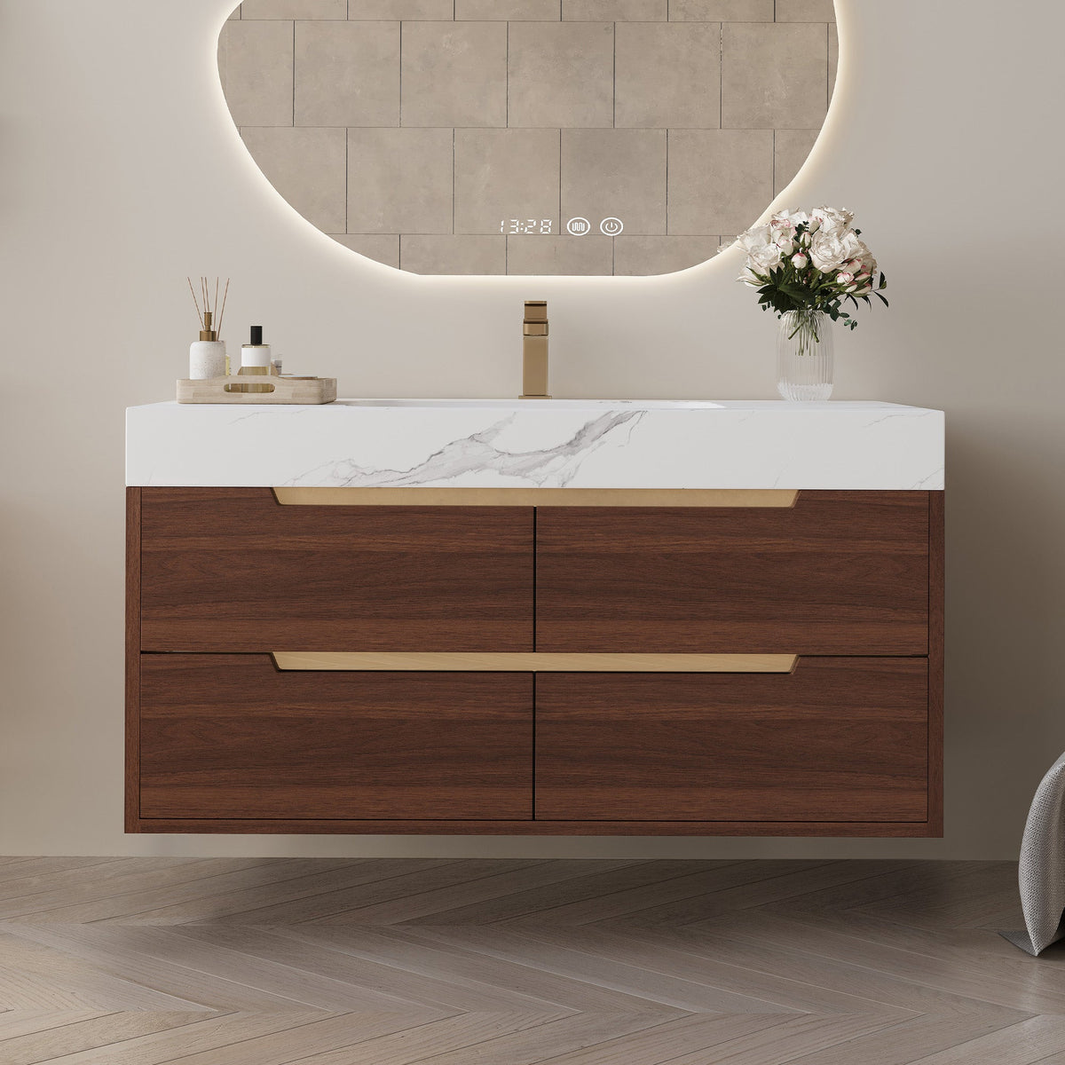 Farmhouse Sintered Stone Bathroom Vanity with Undermount Sink - Walnut, White
