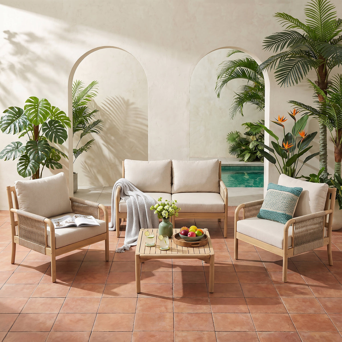 Casper Outdoor 5-Pieces Chat Set with Rope Detailing - Acacia Wood