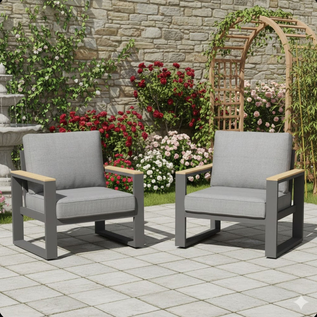 All-Weather Patio Armchairs with Thick Cushions – Set of 2 – Beige or Dark Gray