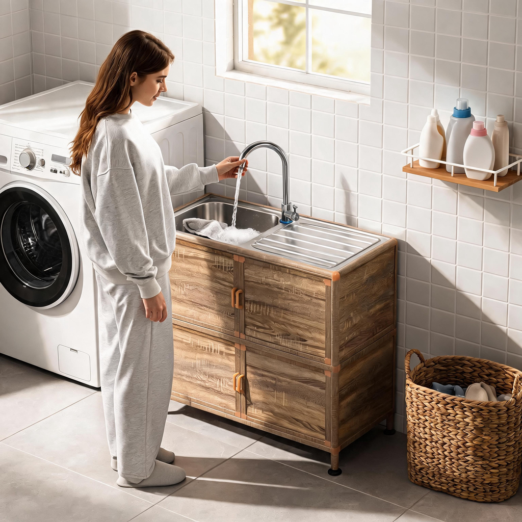 Utility Sink with Cabinet with Lockable Storage - Natural Wood Grain