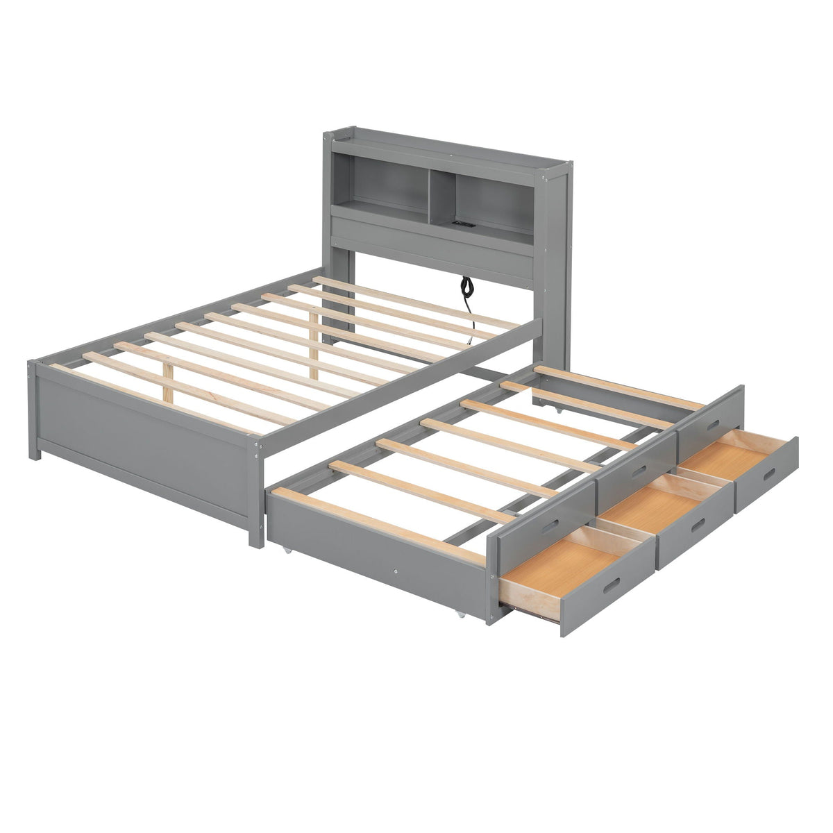 Full Size Platform Trundle Bed with Drawers and USB Ports - Gray