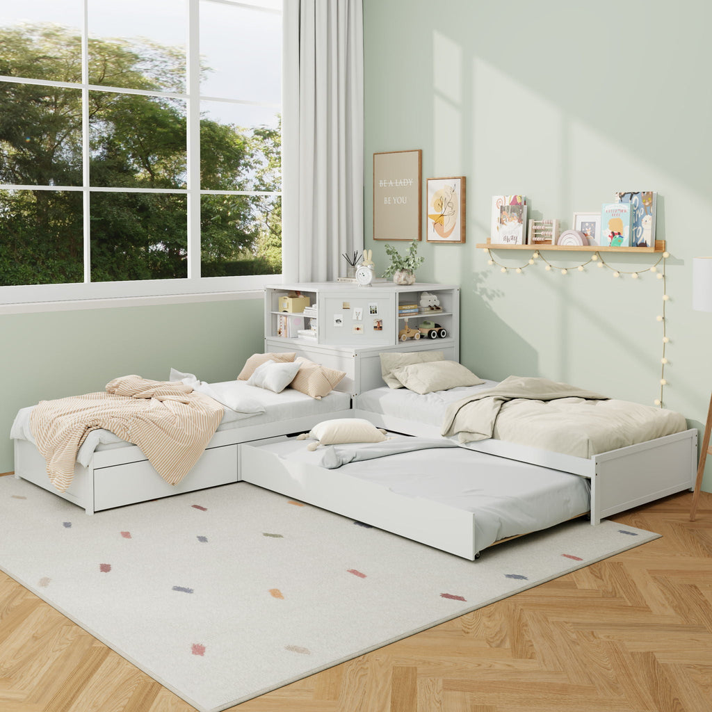 L-Shaped Bed Frame with Trundle, Desk & LED Lighting - Twin