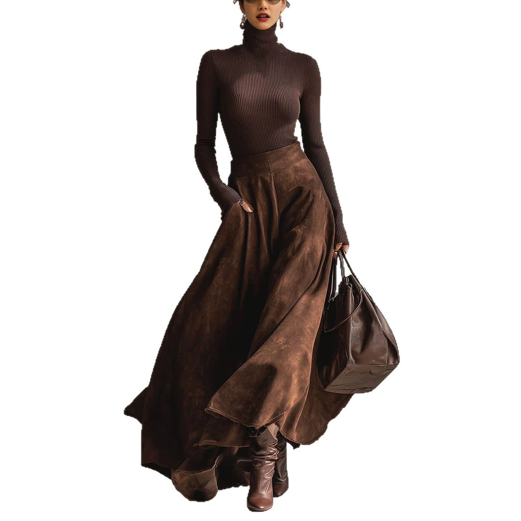 Beige Turtleneck Long Flared Skirt Set