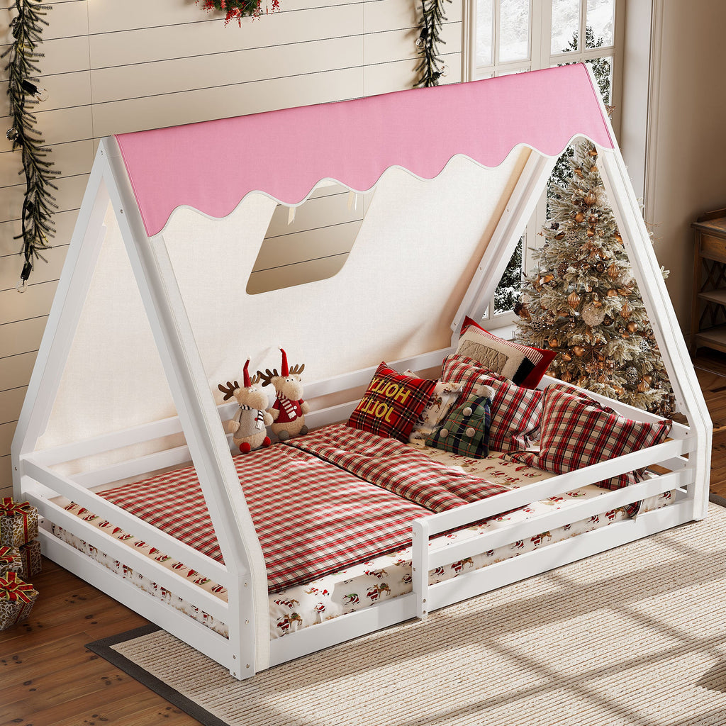 Full Size House Floor Bed with Tent and Light - Pine, MDF, and Plywood