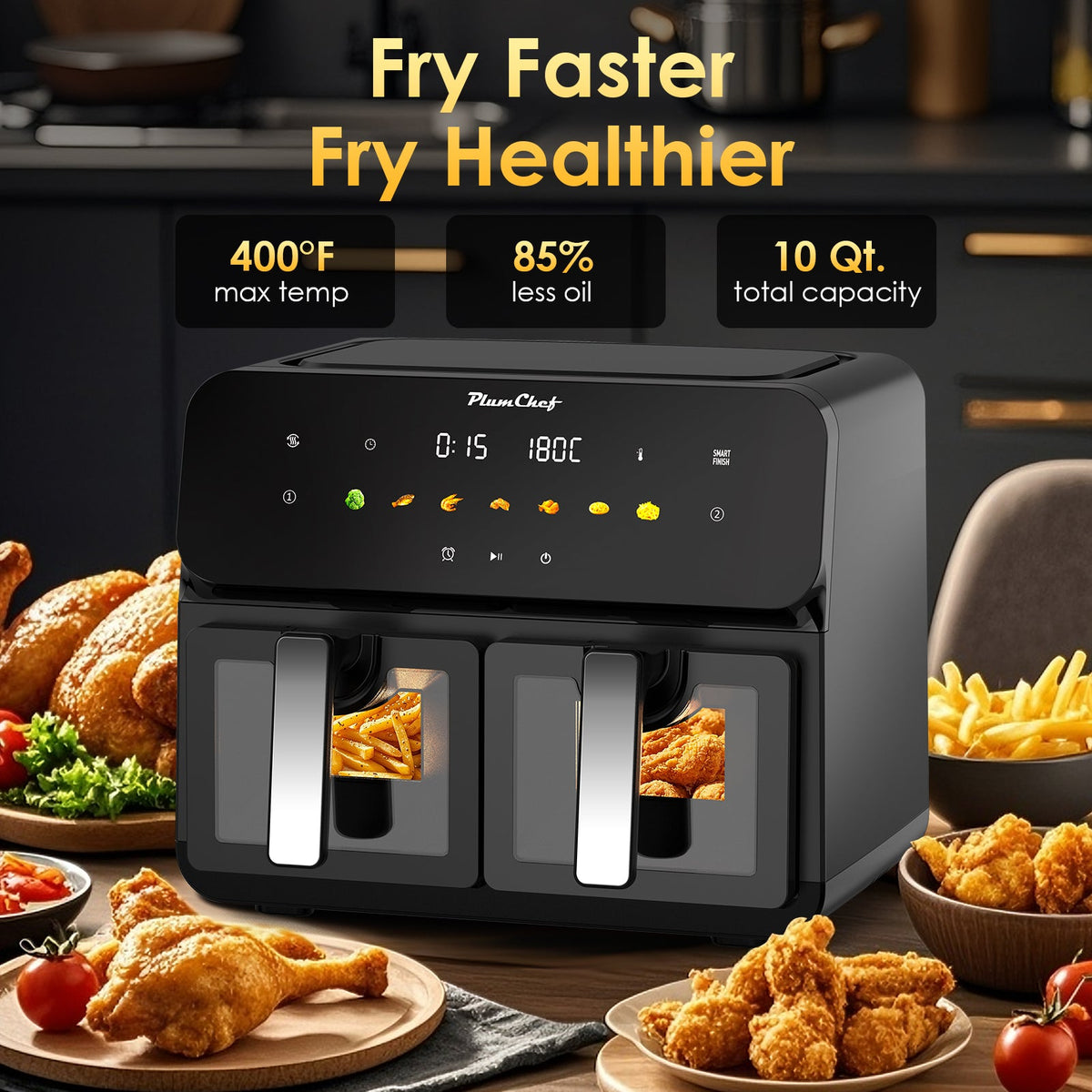 10QT Dual Air Fryer with Double Basket Design and SyncCook - Stainless Steel
